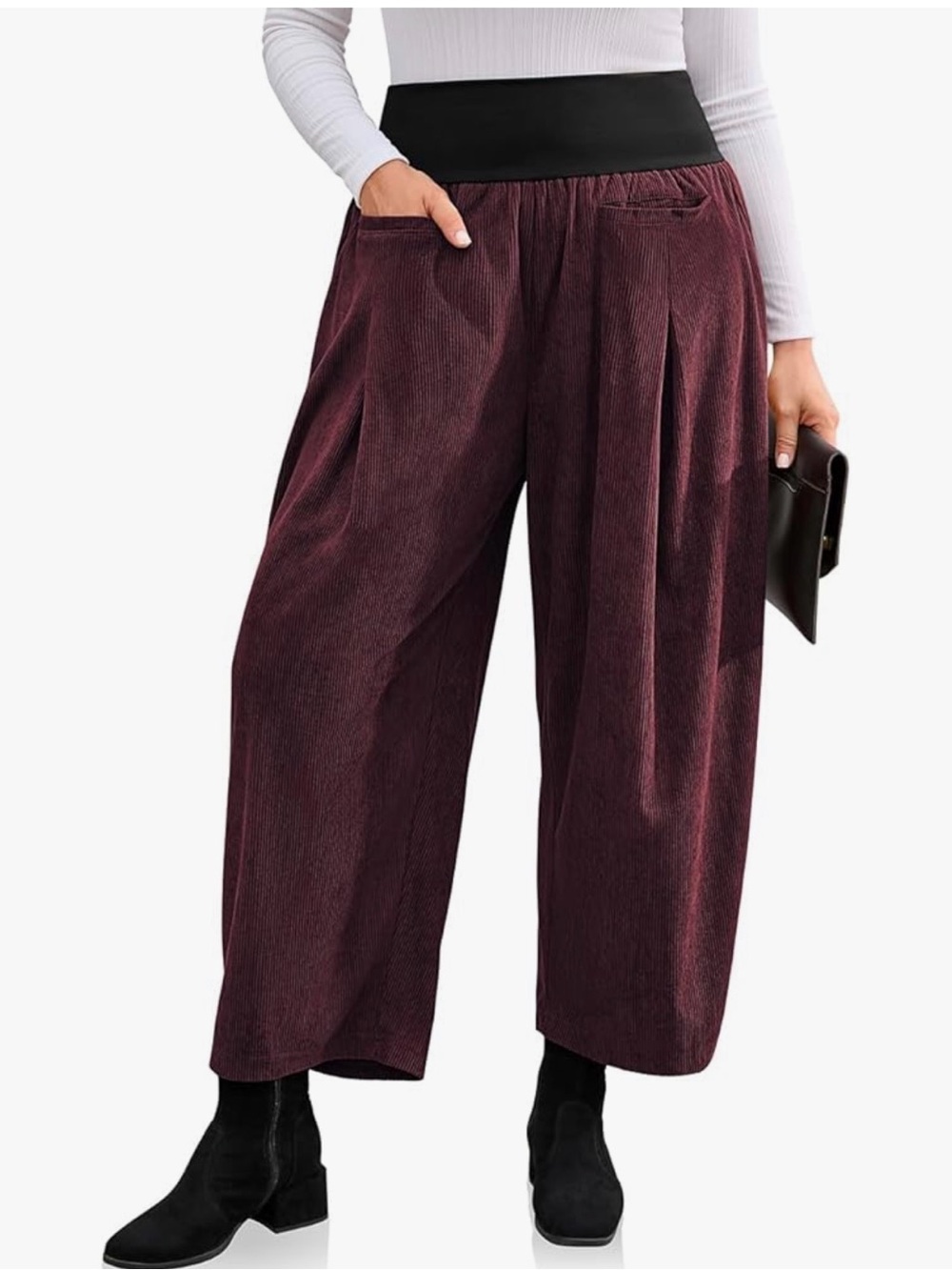 Wide Leg Corduroy Pants in Burgundy - Women's Comfortable Pant